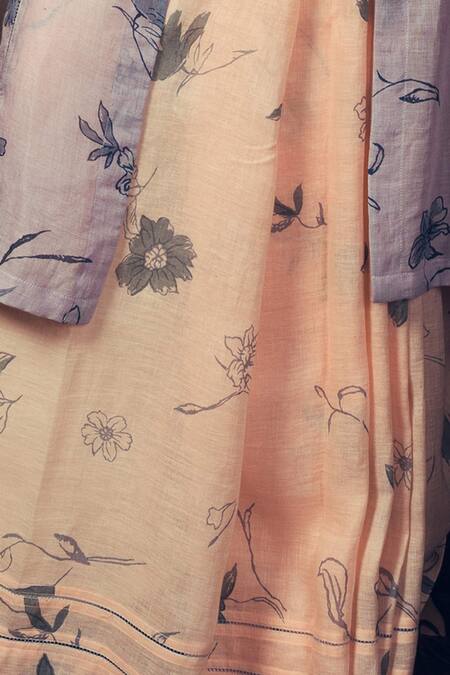 Buy_Kasturi Kundal_Peach 80 Count Linen Printed Saree_Online_at_Aza_Fashions
