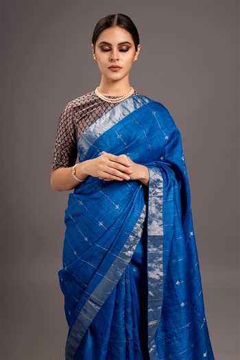 Kasturi Kundal_Blue Tussar Silk Saree_Online_at_Aza_Fashions