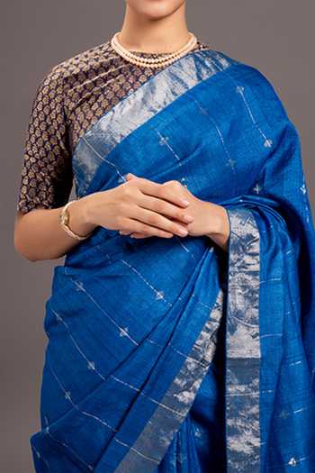 Buy_Kasturi Kundal_Blue Tussar Silk Saree_Online_at_Aza_Fashions