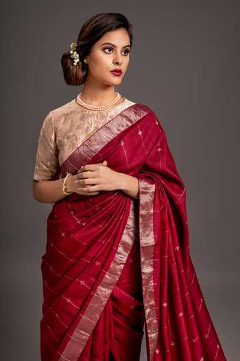 Kasturi Kundal_Red Tussar Silk Saree_Online_at_Aza_Fashions