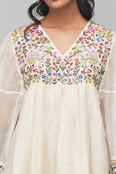 Shop_Begum_White Dress Chanderi Lining Cotton Round Tiered_Online_at_Aza_Fashions
