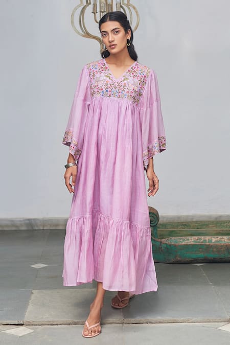 Begum_Purple Dress Chanderi Lining Cotton Round Tiered_Online_at_Aza_Fashions