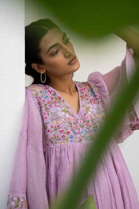 Buy_Begum_Purple Dress Chanderi Lining Cotton Round Tiered_Online_at_Aza_Fashions