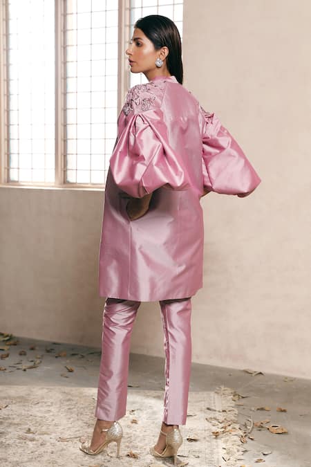 Shop_Dheeru Taneja_Purple Taffeta Silk Embroidery Crop Top Round Jacket And Pant Set  _at_Aza_Fashions