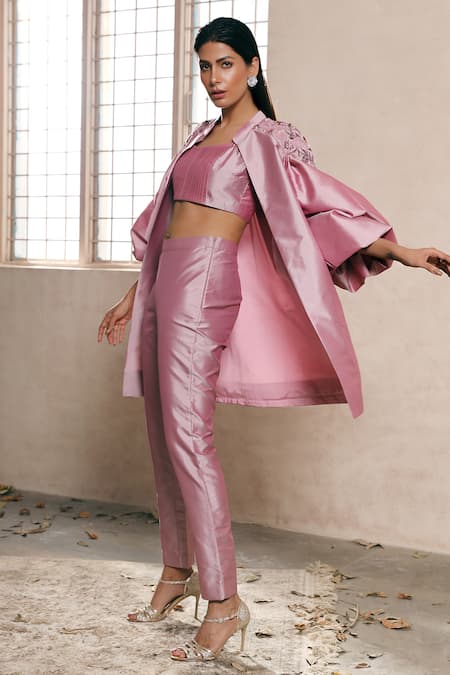 Dheeru Taneja_Purple Taffeta Silk Embroidery Crop Top Round Jacket And Pant Set  _Online_at_Aza_Fashions