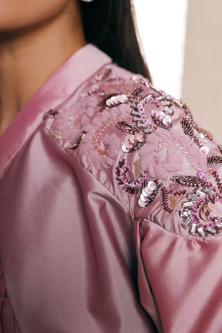 Shop_Dheeru Taneja_Purple Taffeta Silk Embroidery Crop Top Round Jacket And Pant Set  _Online_at_Aza_Fashions