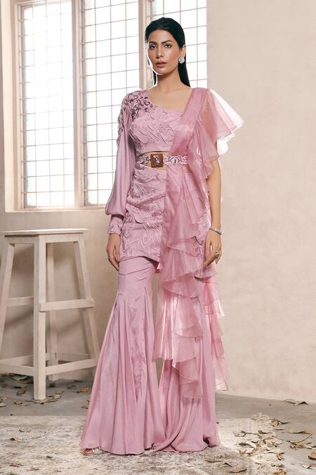 Dheeru Taneja Purple Organza, Crepe, Satin One Shoulder Blouse And Flared Pant Set 