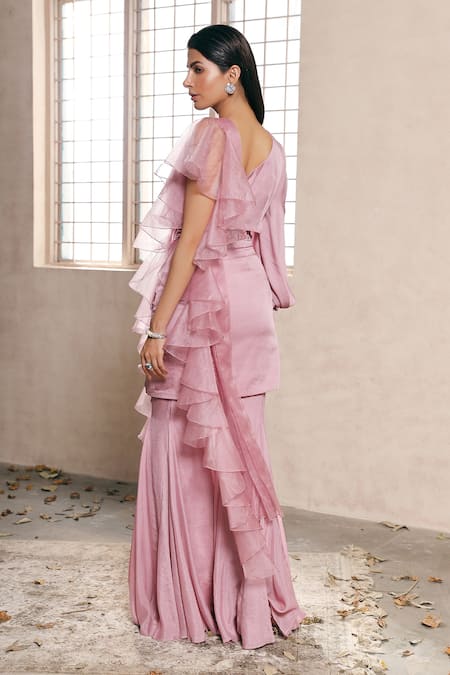 Shop Dheeru Taneja Purple Organza, Crepe, Satin One Shoulder Blouse And Flared Pant Set at Aza Fashions Shop_Dheeru Taneja_Purple Organza, Crepe, Satin One Shoulder Blouse And Flared Pant Set _at_Aza_Fashions