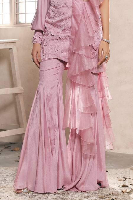 Buy Dheeru Taneja Purple Organza, Crepe, Satin One Shoulder Blouse And Flared Pant Set Online at Aza Fashions Buy_Dheeru Taneja_Purple Organza, Crepe, Satin One Shoulder Blouse And Flared Pant Set _Online_at_Aza_Fashions