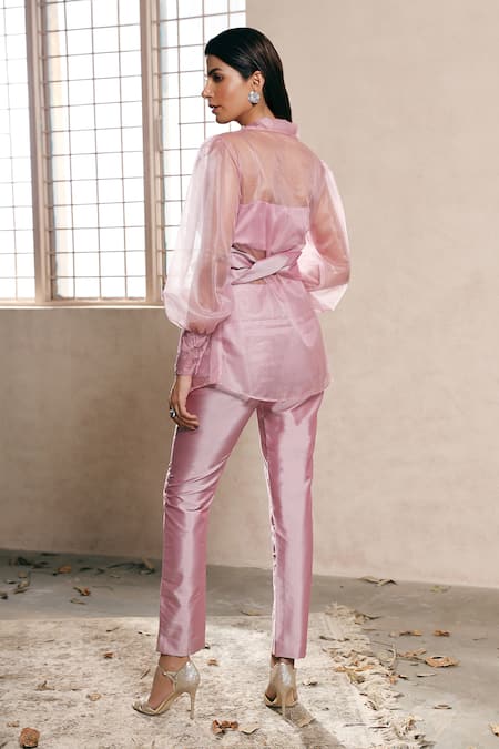 Shop Dheeru Taneja Purple Organza, Taffeta Silk Collared Neck Shirt And Pant Set at Aza Fashions Shop_Dheeru Taneja_Purple Organza, Taffeta Silk Collared Neck Shirt And Pant Set _at_Aza_Fashions