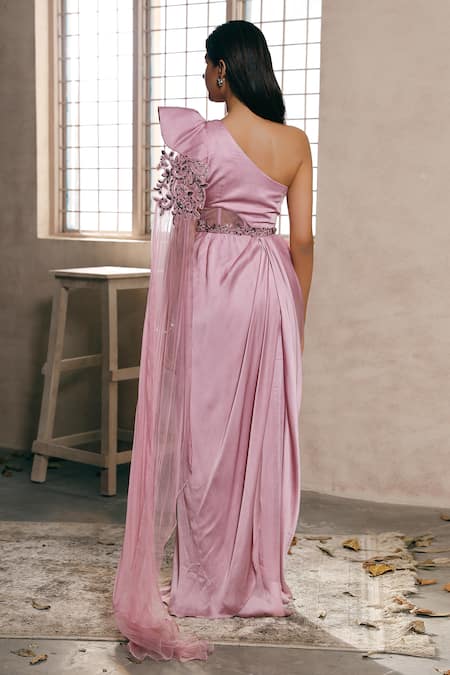 Dheeru Taneja Embroidered One Shoulder Saree Gown 