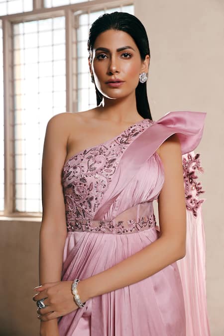 Buy_Dheeru Taneja_Purple Organza, Satin One Shoulder Embroidered Saree Gown _Online_at_Aza_Fashions