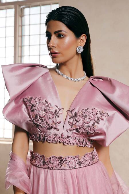 Dheeru Taneja_Purple Organza, Crepe, Taffeta Silk V Neck Draped Blouse And Lehenga Set _Online_at_Aza_Fashions