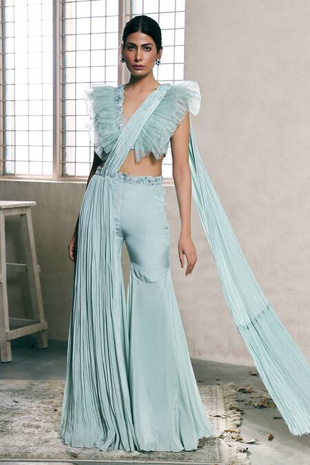 Dheeru Taneja Blue Organza, Net, Crepe V Neck Pleated Pant Saree With Ruffle Blouse Online at Aza Fashions Dheeru Taneja_Blue Organza, Net, Crepe V Neck Pleated Pant Saree With Ruffle Blouse _Online_at_Aza_Fashions