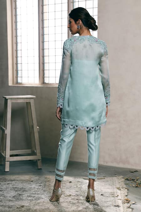 Shop Dheeru Taneja Blue Organza, Chanderi Round Embroidered Jacket And Pant Set at Aza Fashions Shop_Dheeru Taneja_Blue Organza, Chanderi Round Embroidered Jacket And Pant Set _at_Aza_Fashions