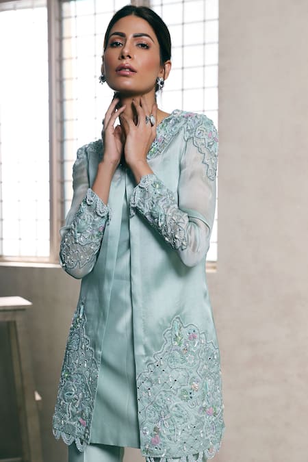 Dheeru Taneja Blue Organza, Chanderi Round Embroidered Jacket And Pant Set Online at Aza Fashions Dheeru Taneja_Blue Organza, Chanderi Round Embroidered Jacket And Pant Set _Online_at_Aza_Fashions