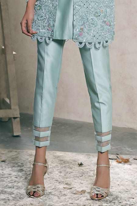 Buy Dheeru Taneja Blue Organza, Chanderi Round Embroidered Jacket And Pant Set Online at Aza Fashions Buy_Dheeru Taneja_Blue Organza, Chanderi Round Embroidered Jacket And Pant Set _Online_at_Aza_Fashions