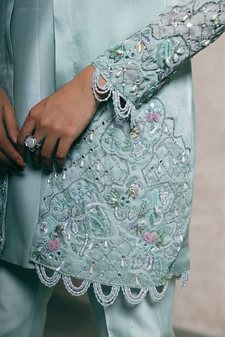 Shop Dheeru Taneja Blue Organza, Chanderi Round Embroidered Jacket And Pant Set Online at Aza Fashions Shop_Dheeru Taneja_Blue Organza, Chanderi Round Embroidered Jacket And Pant Set _Online_at_Aza_Fashions