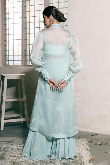 Shop Dheeru Taneja Blue Organza, Crepe Crop Top V-neck Jacket Collar And Pant Set at Aza Fashions Shop_Dheeru Taneja_Blue Organza, Crepe Crop Top V-neck Jacket Collar And Pant Set _at_Aza_Fashions