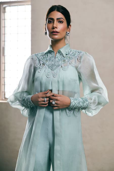 Dheeru Taneja Blue Organza, Crepe Crop Top V-neck Jacket Collar And Pant Set Online at Aza Fashions Dheeru Taneja_Blue Organza, Crepe Crop Top V-neck Jacket Collar And Pant Set _Online_at_Aza_Fashions