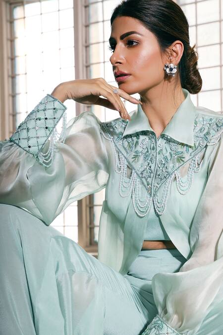 Buy Dheeru Taneja Blue Organza, Crepe Crop Top V-neck Jacket Collar And Pant Set Online at Aza Fashions Buy_Dheeru Taneja_Blue Organza, Crepe Crop Top V-neck Jacket Collar And Pant Set _Online_at_Aza_Fashions