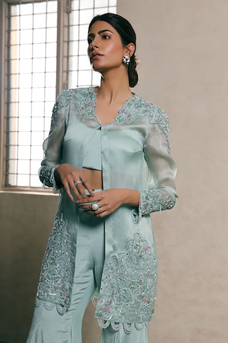 Shop Dheeru Taneja Blue Organza, Crepe Crop Top Round Jacket V-neck Embroidered And Sharara Set at Aza Fashions Shop_Dheeru Taneja_Blue Organza, Crepe Crop Top Round Jacket V-neck Embroidered And Sharara Set _at_Aza_Fashions