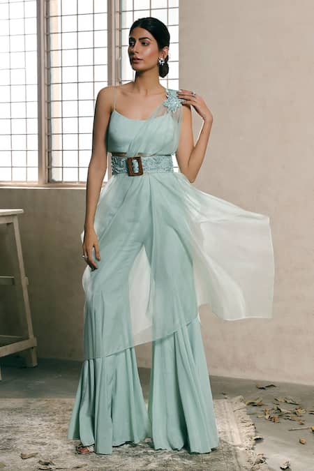 Dheeru Taneja Blue Crepe Embroidery Crop Top Round Cape One And Sharara Set  