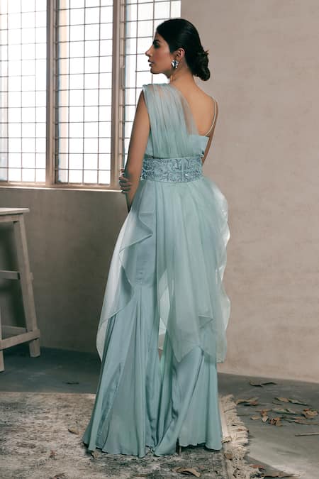 Shop Dheeru Taneja Blue Organza, Crepe Crop Top Round Cape One Shoulder And Sharara Set at Aza Fashions Shop_Dheeru Taneja_Blue Organza, Crepe Crop Top Round Cape One Shoulder And Sharara Set _at_Aza_Fashions