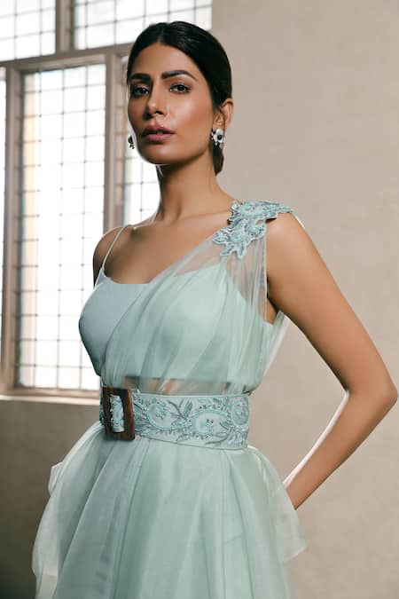 Dheeru Taneja Blue Organza, Crepe Crop Top Round Cape One Shoulder And Sharara Set Online at Aza Fashions Dheeru Taneja_Blue Organza, Crepe Crop Top Round Cape One Shoulder And Sharara Set _Online_at_Aza_Fashions