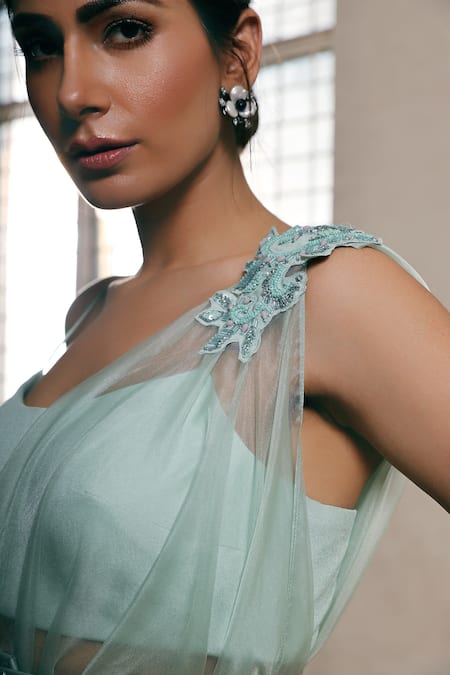 Buy Dheeru Taneja Blue Organza, Crepe Crop Top Round Cape One Shoulder And Sharara Set Online at Aza Fashions Buy_Dheeru Taneja_Blue Organza, Crepe Crop Top Round Cape One Shoulder And Sharara Set _Online_at_Aza_Fashions