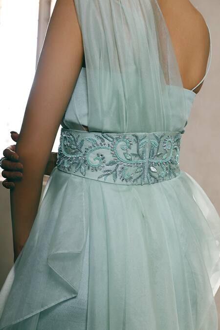 Shop Dheeru Taneja Blue Organza, Crepe Crop Top Round Cape One Shoulder And Sharara Set Online at Aza Fashions Shop_Dheeru Taneja_Blue Organza, Crepe Crop Top Round Cape One Shoulder And Sharara Set _Online_at_Aza_Fashions