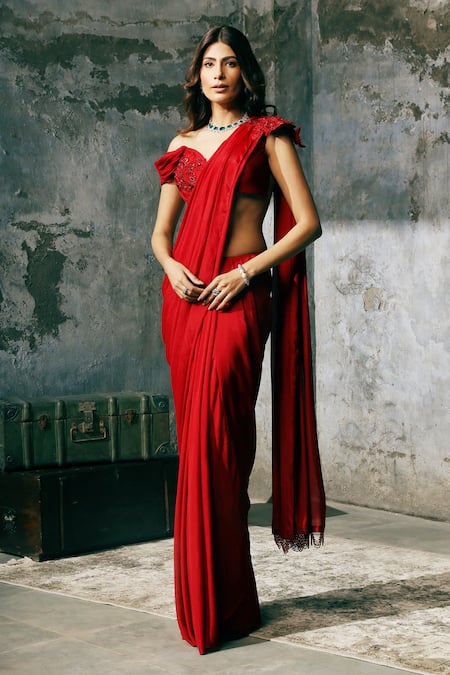 Dheeru Taneja Red Net, Self Georgette One Shoulder Pre-draped Saree With Embroidered Blouse Online at Aza Fashions Dheeru Taneja_Red Net, Self Georgette One Shoulder Pre-draped Saree With Embroidered Blouse _Online_at_Aza_Fashions
