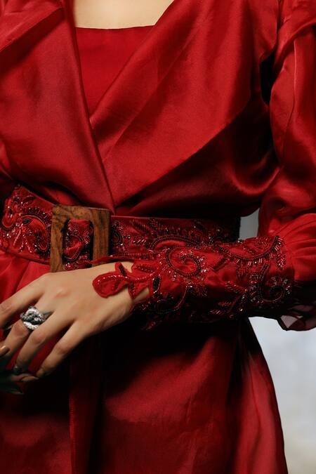 Buy_Dheeru Taneja_Red Organza, Satin Lapel Collar Jacket And Pant Set _Online_at_Aza_Fashions