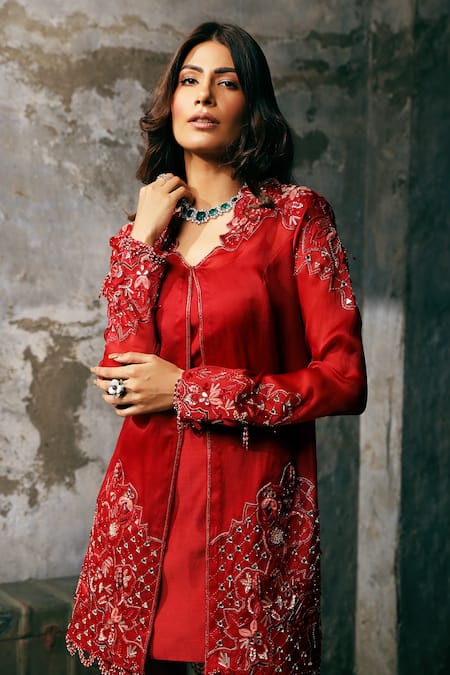 Buy Dheeru Taneja Red Organza, Chanderi Kurta Round Jacket V-neck Embroidered And Pant Set Online at Aza Fashions Buy_Dheeru Taneja_Red Organza, Chanderi Kurta Round Jacket V-neck Embroidered And Pant Set _Online_at_Aza_Fashions