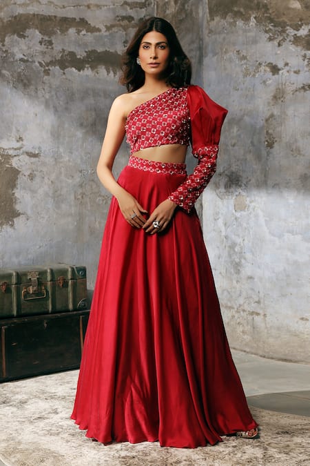 Dheeru Taneja Embroidered One Shoulder Gown 