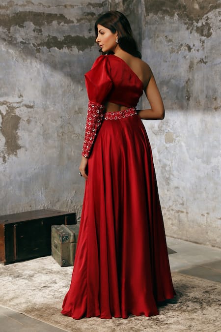 Shop Dheeru Taneja Red Organza, Satin One Shoulder Embroidered Gown at Aza Fashions Shop_Dheeru Taneja_Red Organza, Satin One Shoulder Embroidered Gown _at_Aza_Fashions