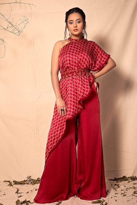 Dheeru Taneja Red Crepe Embroidery Round Printed Kurta And Palazzo Set  