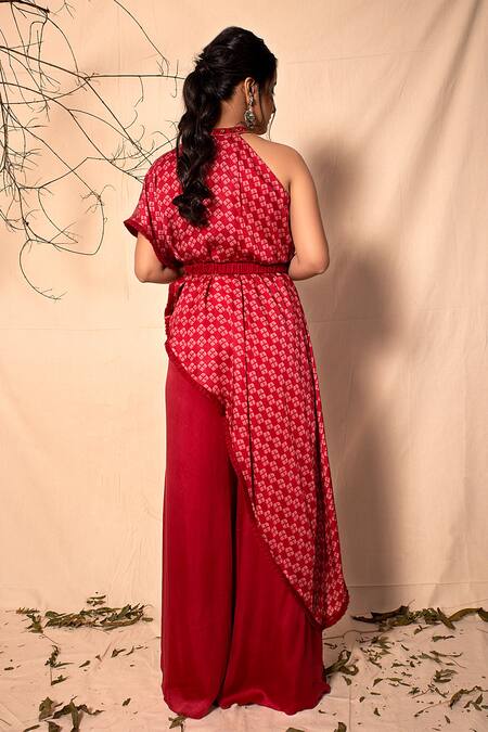 Shop Dheeru Taneja Red Crepe Embroidery Round Printed Kurta And Palazzo Set at Aza Fashions Shop_Dheeru Taneja_Red Crepe Embroidery Round Printed Kurta And Palazzo Set _at_Aza_Fashions