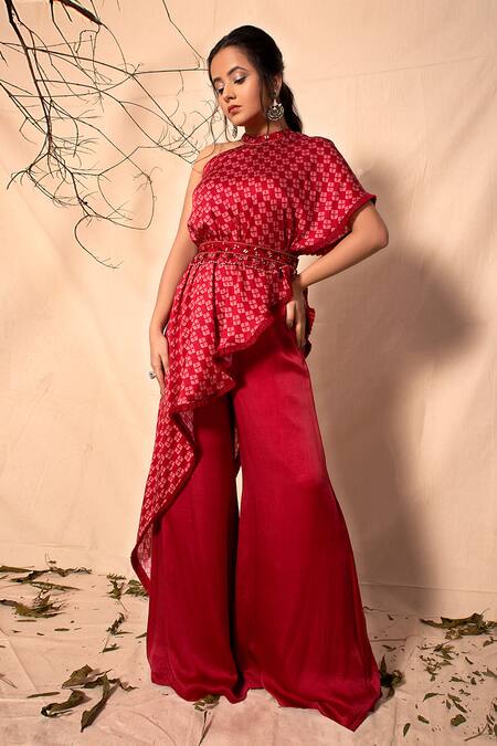 Dheeru Taneja Red Crepe Embroidery Round Printed Kurta And Palazzo Set Online at Aza Fashions Dheeru Taneja_Red Crepe Embroidery Round Printed Kurta And Palazzo Set _Online_at_Aza_Fashions