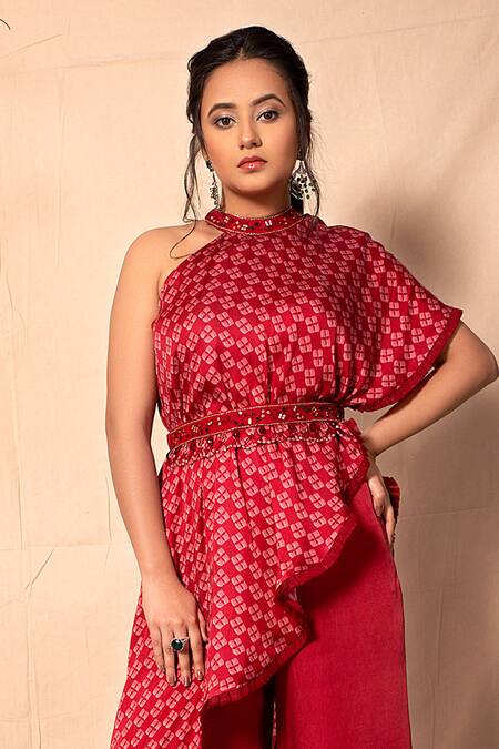 Buy Dheeru Taneja Red Crepe Embroidery Round Printed Kurta And Palazzo Set Online at Aza Fashions Buy_Dheeru Taneja_Red Crepe Embroidery Round Printed Kurta And Palazzo Set _Online_at_Aza_Fashions