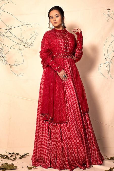 Dheeru Taneja Red Organza, Satin Round Printed Anarkali With Dupatta 