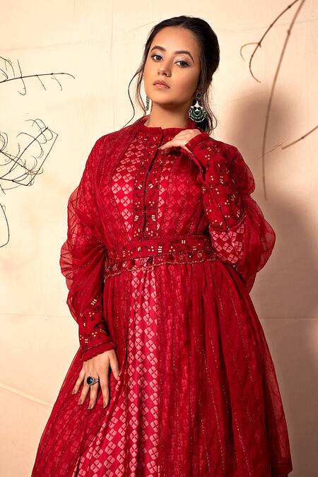 Dheeru Taneja Red Organza, Satin Round Printed Anarkali With Dupatta Online at Aza Fashions Dheeru Taneja_Red Organza, Satin Round Printed Anarkali With Dupatta _Online_at_Aza_Fashions