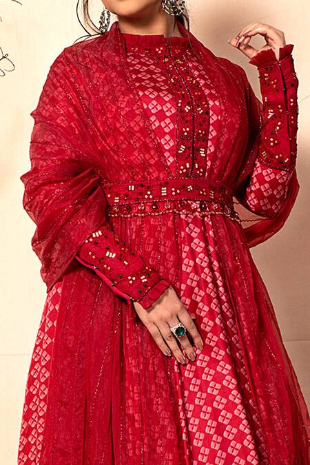 Buy Dheeru Taneja Red Organza, Satin Round Printed Anarkali With Dupatta Online at Aza Fashions Buy_Dheeru Taneja_Red Organza, Satin Round Printed Anarkali With Dupatta _Online_at_Aza_Fashions