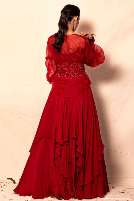 Shop Dheeru Taneja Red Organza, Crepe Lapel Collar Jacket And Ruffle Lehenga Set at Aza Fashions Shop_Dheeru Taneja_Red Organza, Crepe Lapel Collar Jacket And Ruffle Lehenga Set _at_Aza_Fashions