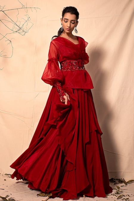 Buy Dheeru Taneja Red Organza, Crepe Lapel Collar Jacket And Ruffle Lehenga Set Online at Aza Fashions Buy_Dheeru Taneja_Red Organza, Crepe Lapel Collar Jacket And Ruffle Lehenga Set _Online_at_Aza_Fashions