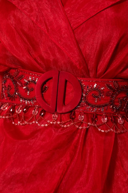 Dheeru Taneja Red Organza, Crepe Lapel Collar Jacket And Ruffle Lehenga Set at Aza Fashions Dheeru Taneja_Red Organza, Crepe Lapel Collar Jacket And Ruffle Lehenga Set _at_Aza_Fashions