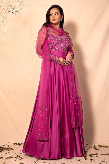 Dheeru Taneja Pink Organza, Satin V Neck Embroidered Anarkali With Dupatta 