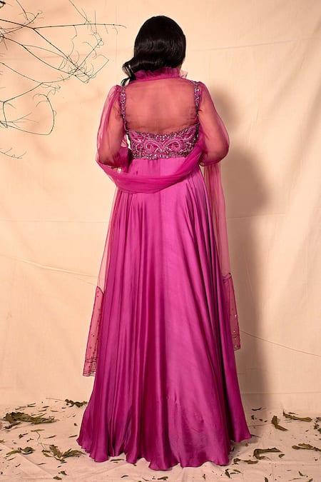 Shop Dheeru Taneja Pink Organza, Satin V Neck Embroidered Anarkali With Dupatta at Aza Fashions Shop_Dheeru Taneja_Pink Organza, Satin V Neck Embroidered Anarkali With Dupatta _at_Aza_Fashions
