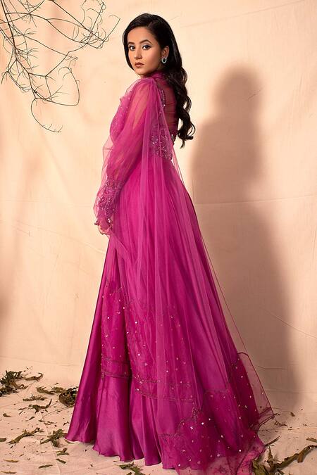 Dheeru Taneja Pink Organza, Satin V Neck Embroidered Anarkali With Dupatta Online at Aza Fashions Dheeru Taneja_Pink Organza, Satin V Neck Embroidered Anarkali With Dupatta _Online_at_Aza_Fashions