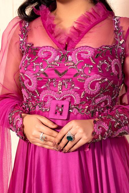 Buy Dheeru Taneja Pink Organza, Satin V Neck Embroidered Anarkali With Dupatta Online at Aza Fashions Buy_Dheeru Taneja_Pink Organza, Satin V Neck Embroidered Anarkali With Dupatta _Online_at_Aza_Fashions